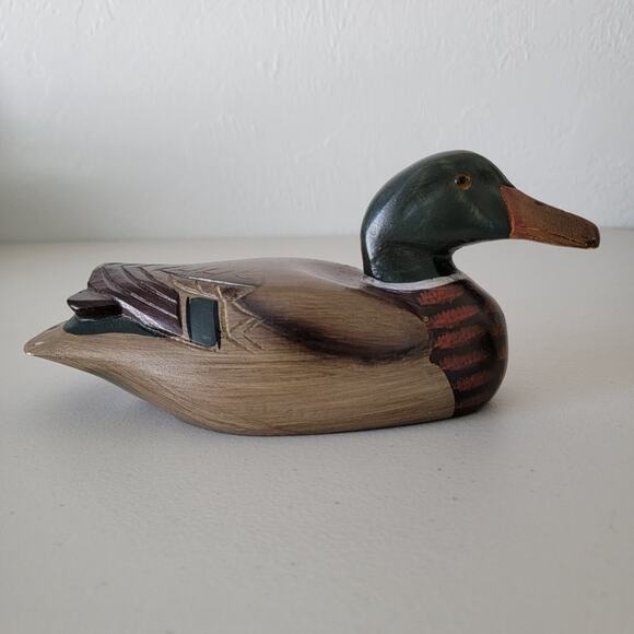 Vintage Hand Painted Wooden Duck Decoy Hand Carved Mallard Figurine Glass Eyes - Picture 5 of 12